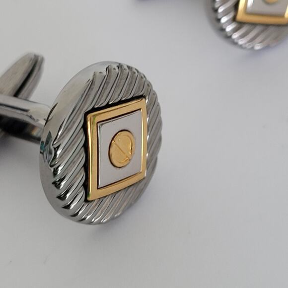 Dunhill D Cufflinks Silver Gold Tone Logo Round Designer Logo Vintage Geometric - Picture 6 of 7